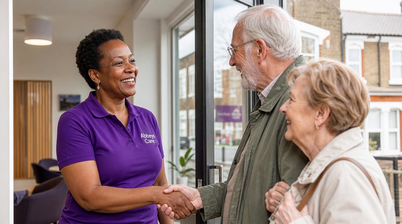 Abbeys Care manager in purple branded uniform welcoming a family to the Stratford office to discuss care options