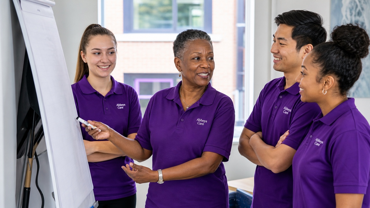 Abbeys Care team members in branded purple uniforms taking part in a care training session in Stratford