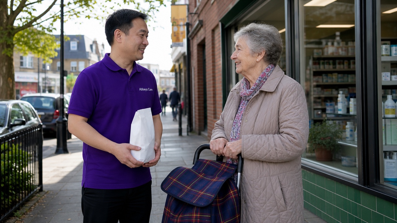 Abbeys Care carer in branded purple uniform collecting a prescription with a client at a local pharmacy in East London