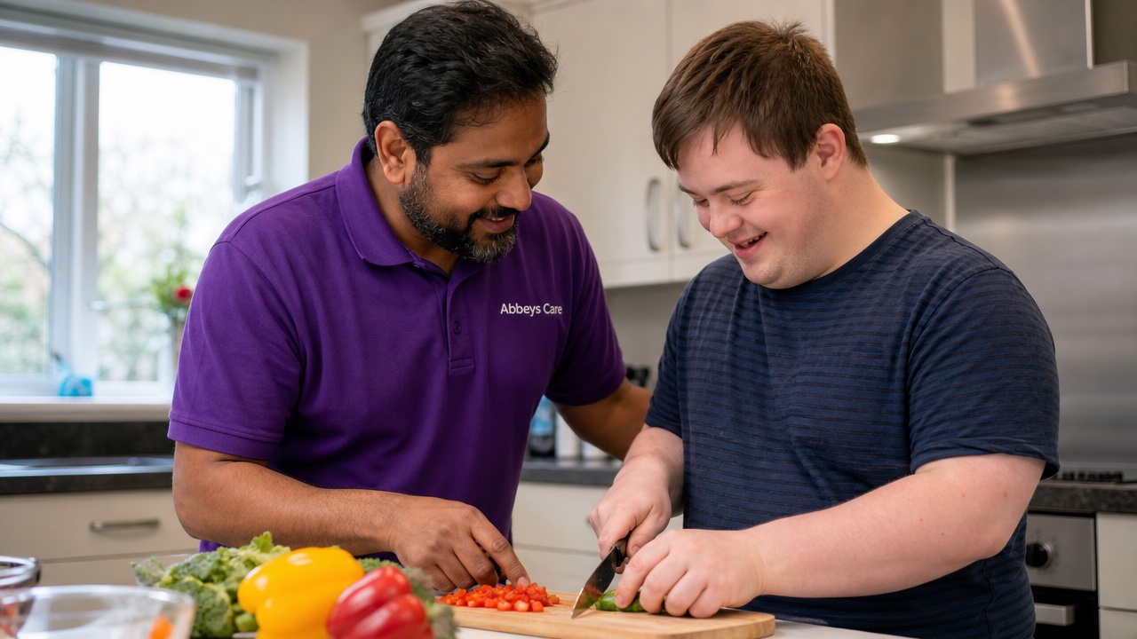 Abbeys Care support worker in branded purple uniform helping a young man with a learning disability cook independently in his East London home
