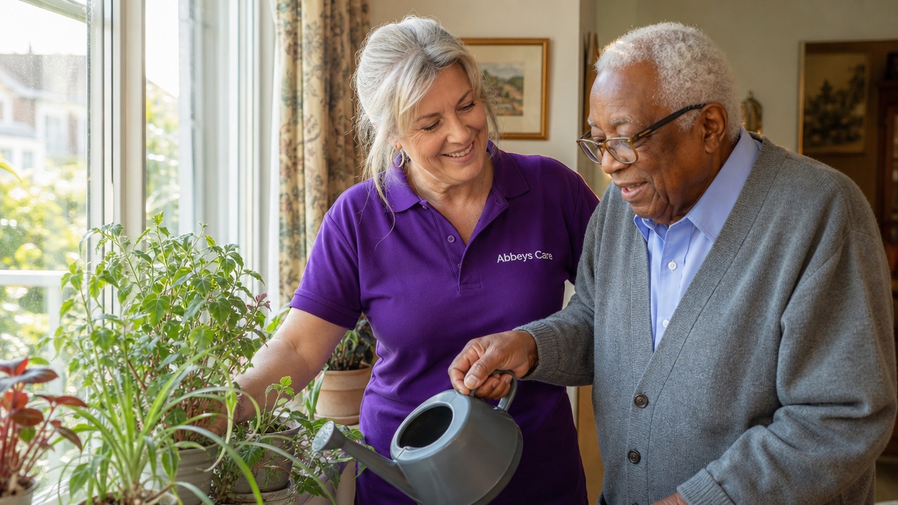 Abbeys Care carer in purple branded uniform helping an elderly gentleman water his houseplants during a home care visit in Stratford