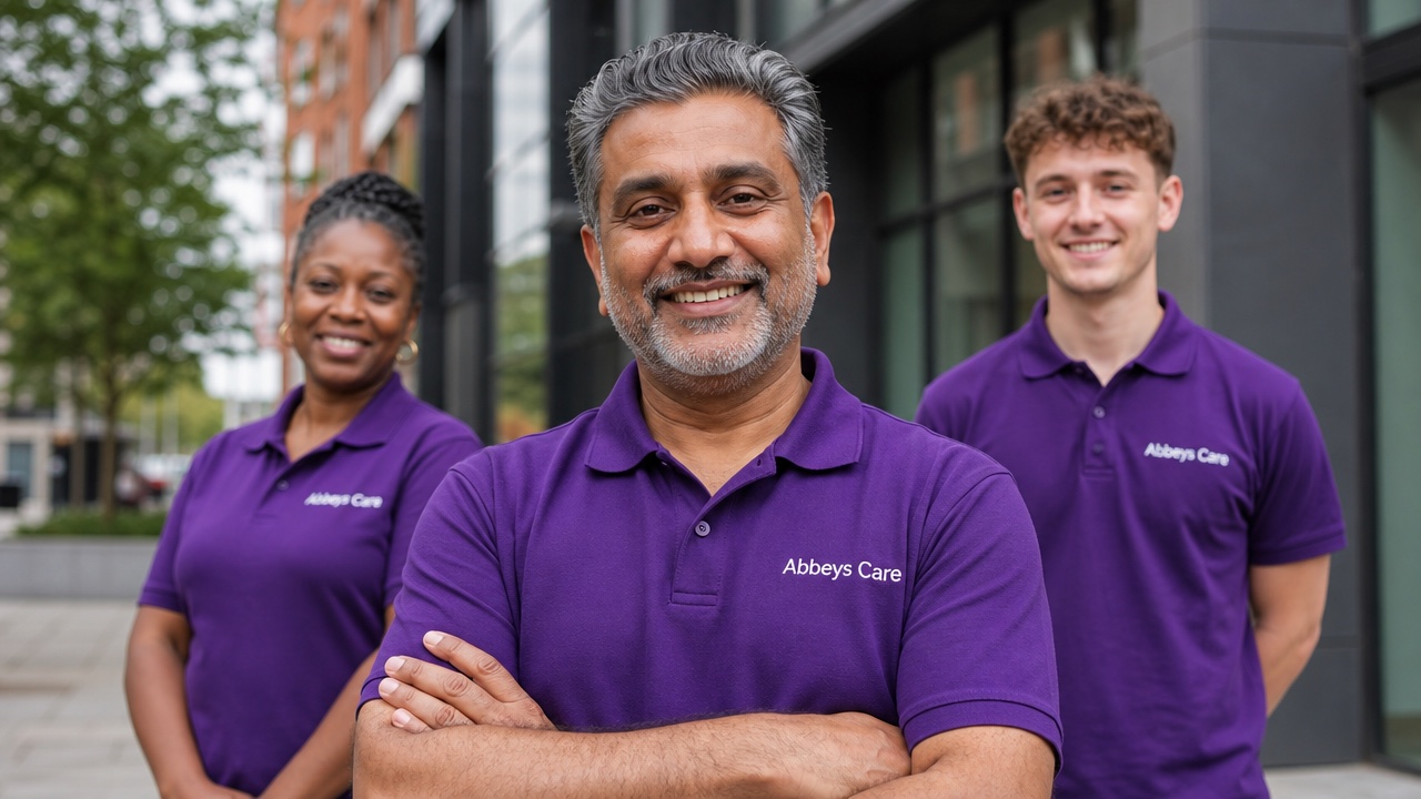 Proud Abbeys Care carer in purple branded uniform outside the Stratford office with his team