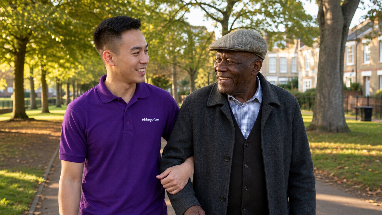 Abbeys Care companion carer in purple branded uniform walking with an elderly gentleman through a park in Newham East London