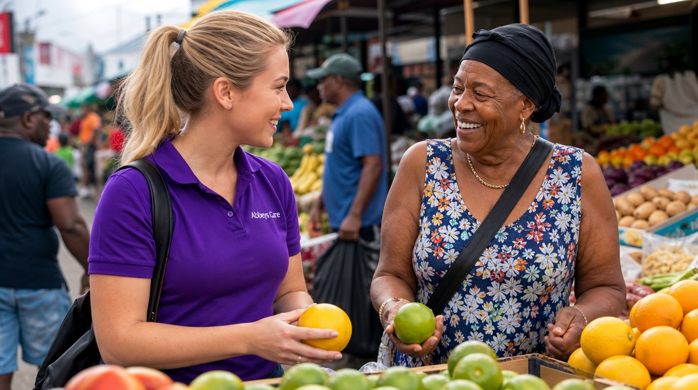 Abbeys Care companion in purple branded uniform helping an elderly lady choose fresh fruit at a street market in Newham