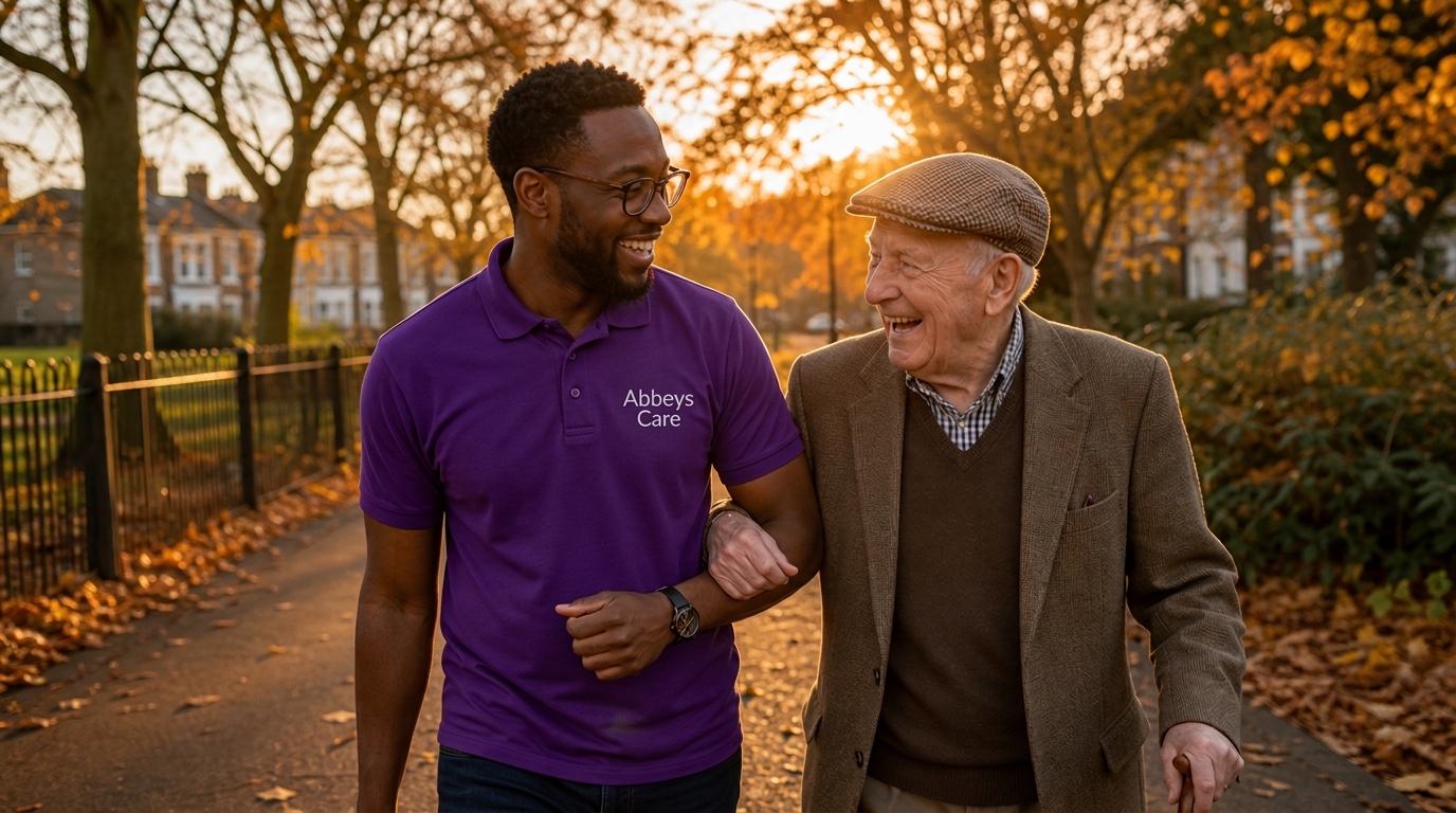 Abbeys Care companion in purple branded uniform enjoying a park walk with an elderly gentleman in East London