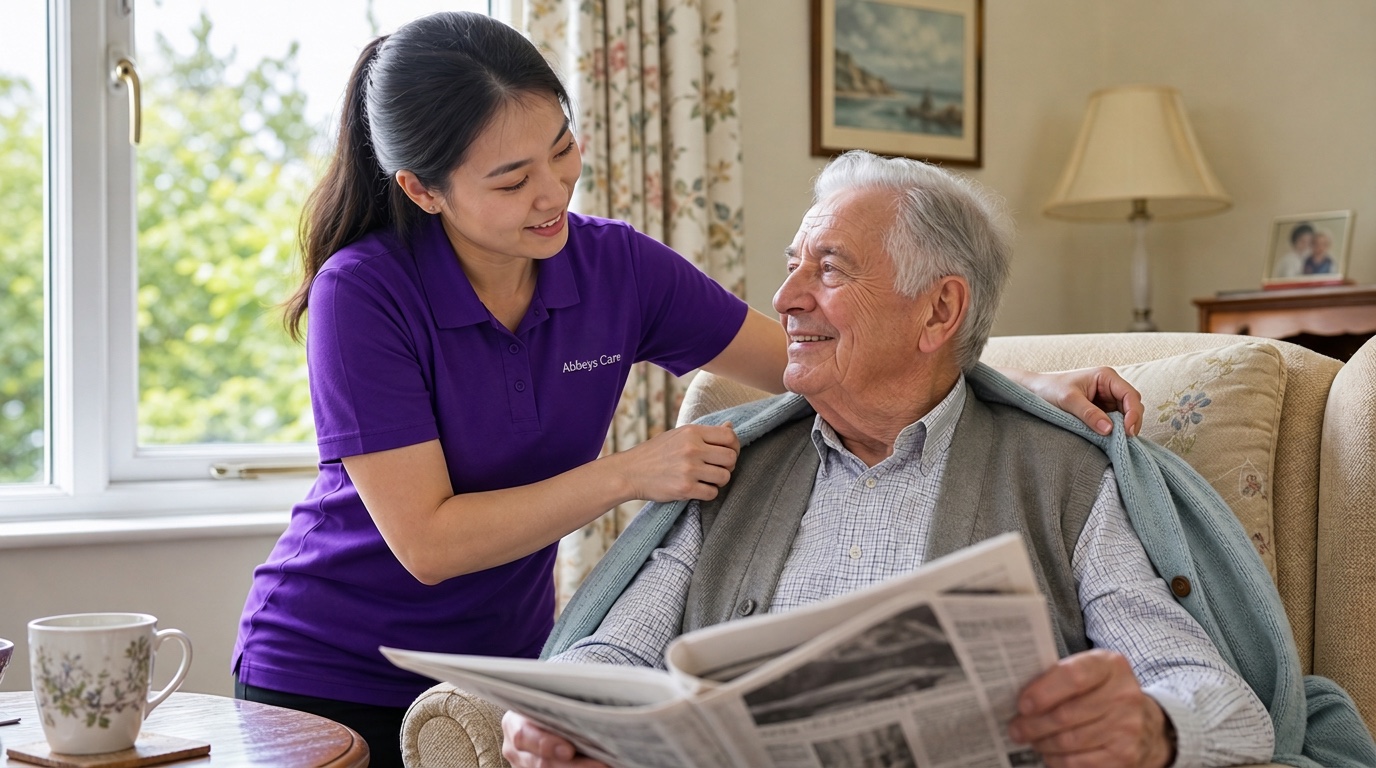 Abbeys Care carer in purple branded uniform helping an elderly gentleman feel comfortable and ready for the day in East London