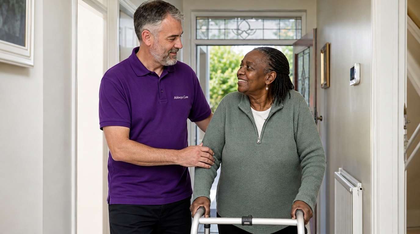 Abbeys Care carer in branded purple uniform supporting an elderly lady with safe mobility at home in Newham