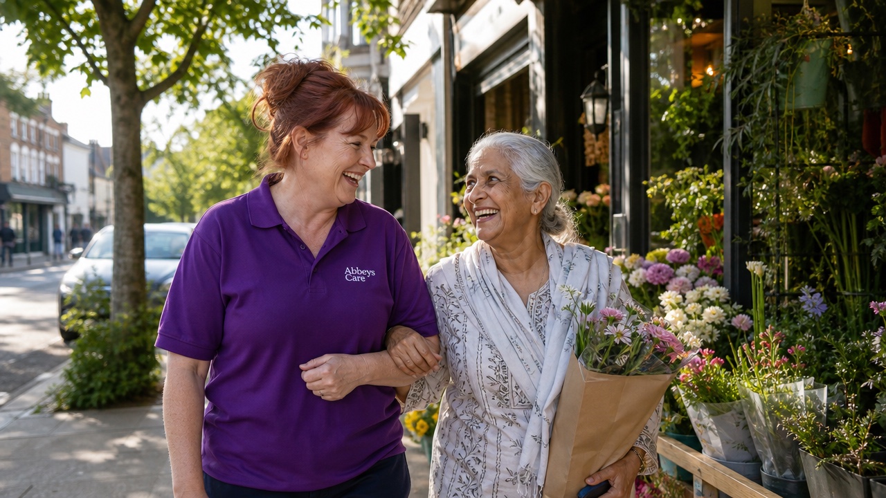Abbeys Care carer in purple branded uniform enjoying a shopping trip with an elderly lady in Newham East London