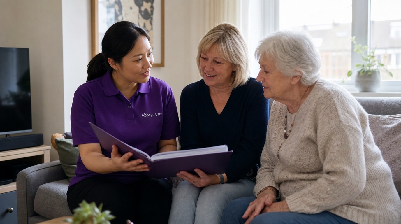 Abbeys Care coordinator in purple branded uniform talking a family through care options