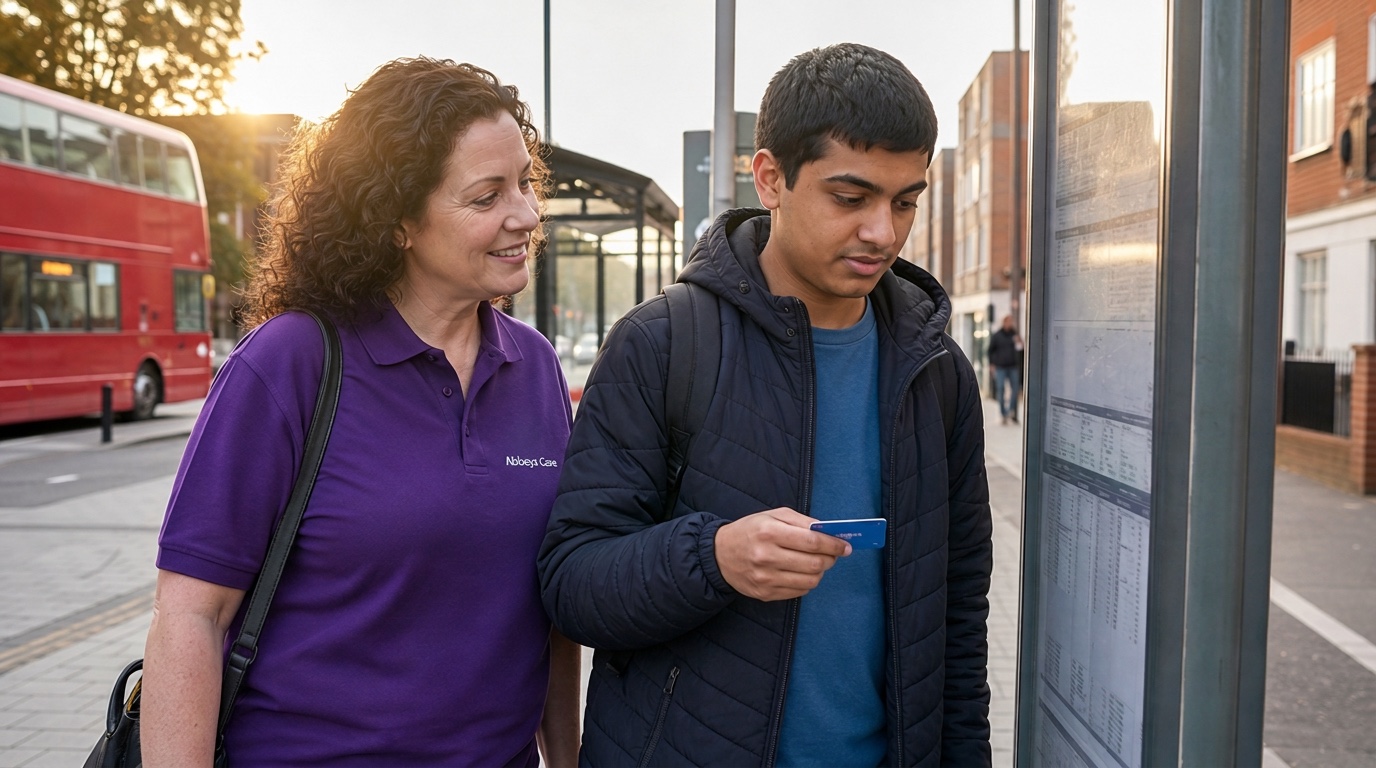 Abbeys Care support worker in branded purple uniform helping a young man practise independent travel in East London