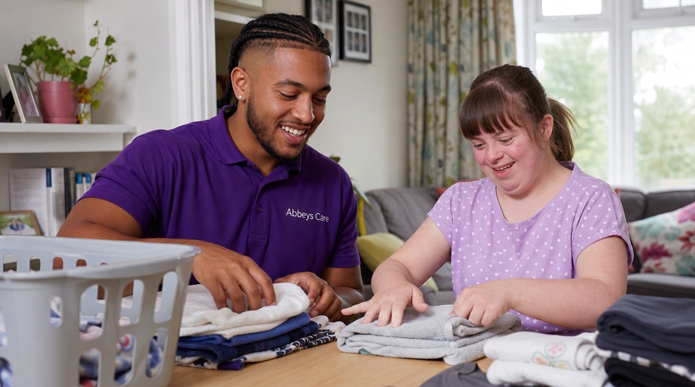 Abbeys Care support worker in purple branded uniform building daily living skills with a young woman in her supported living home in East London